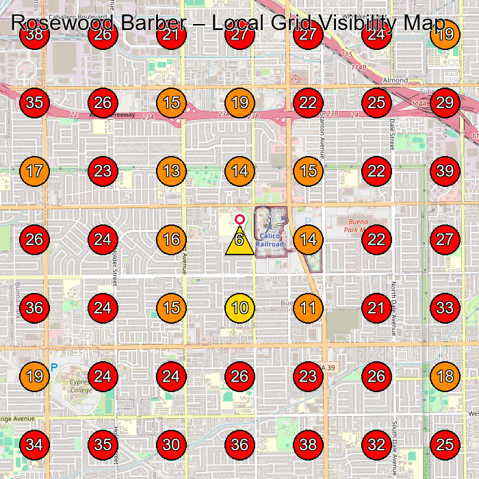 Rosewood Barber GeoGrid visibility map for Plumber in Huntington Beach